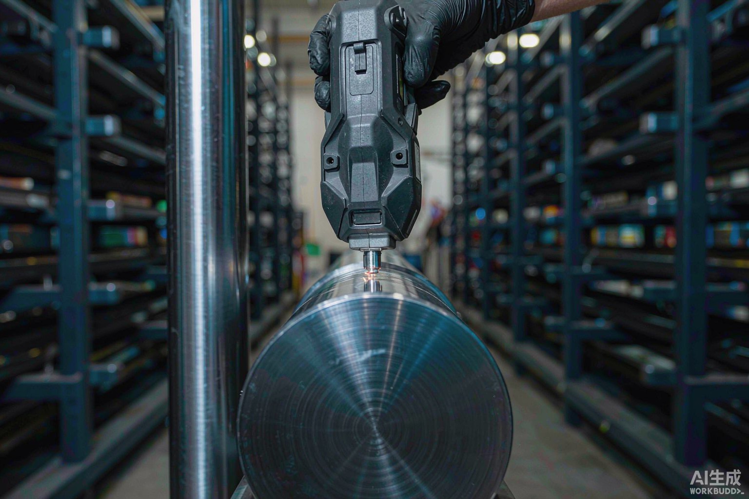 Technician performing positive material identification with a handheld XRF analyser on a nickel alloy bar in a Shanghai Hangbo Alloy inspection bay - Hangbo Alloy