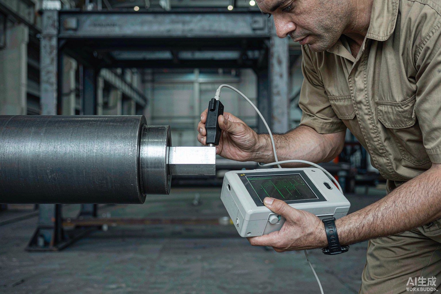 Ultrasonic testing of a nickel alloy round bar showing scan map, probe and reference standard on a factory floor - Hangbo Alloy
