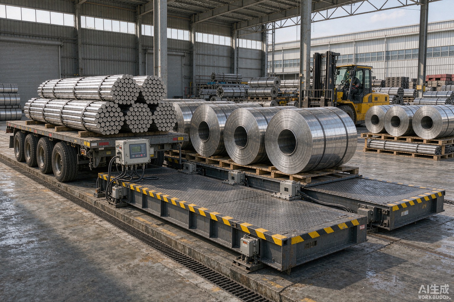 Nickel alloy round bar bundles and stainless steel coils on an industrial weighbridge scale in a metal warehouse - Hangbo Alloy