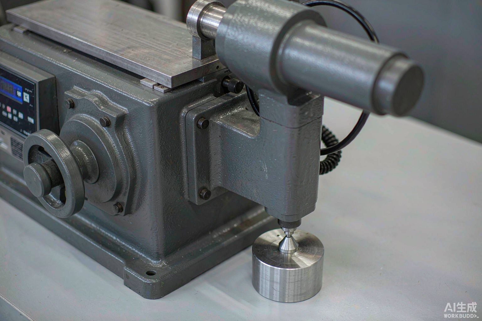 Hardness tester indenting a nickel alloy round bar sample on a laboratory bench with measurement readout - Hangbo Alloy