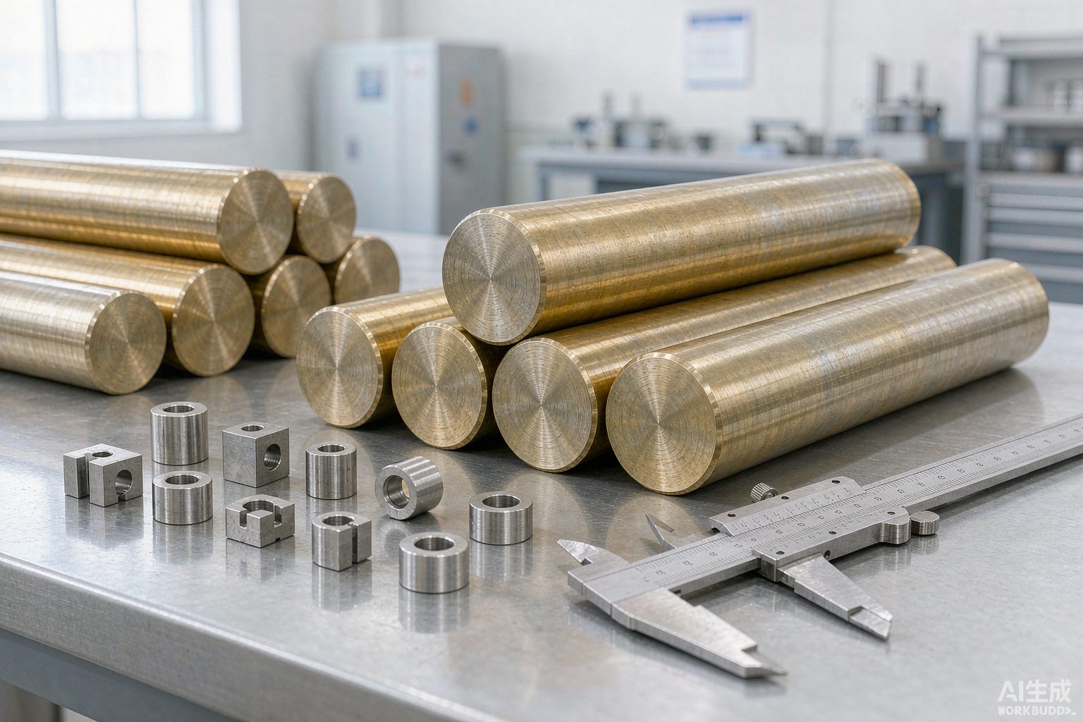 Monel 400 round bars and electronic-component blanks on a clean inspection bench with a calliper - Hangbo Alloy
