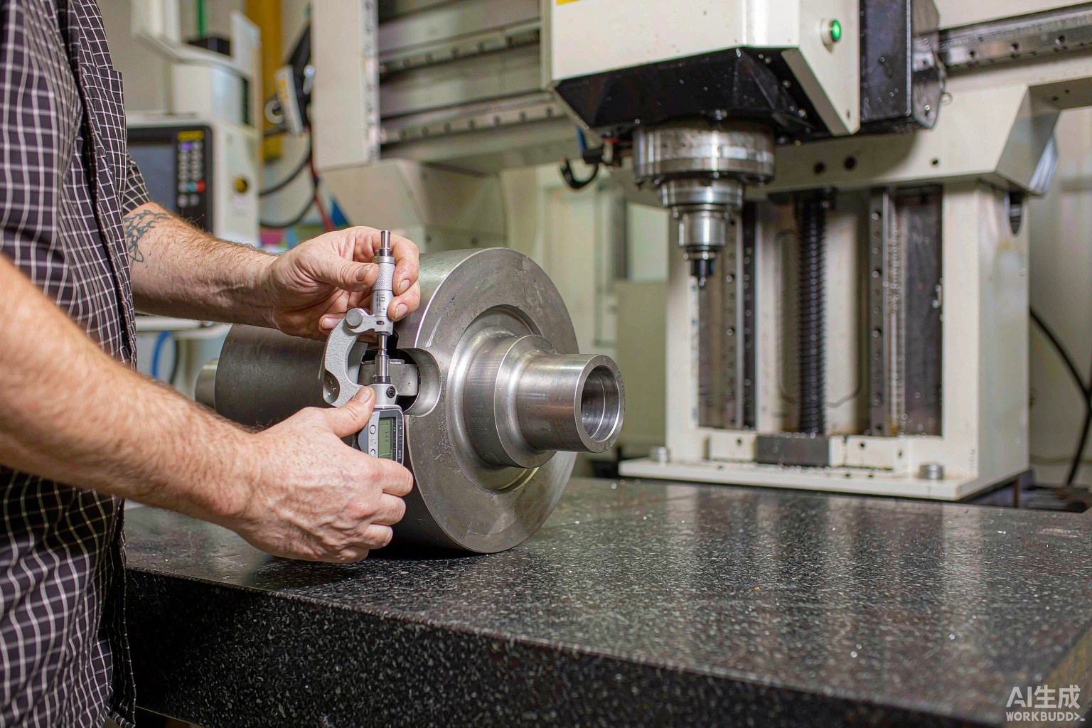 Machinist measuring a precision-machined nickel alloy component with a micrometer on a granite surface plate - Hangbo Alloy