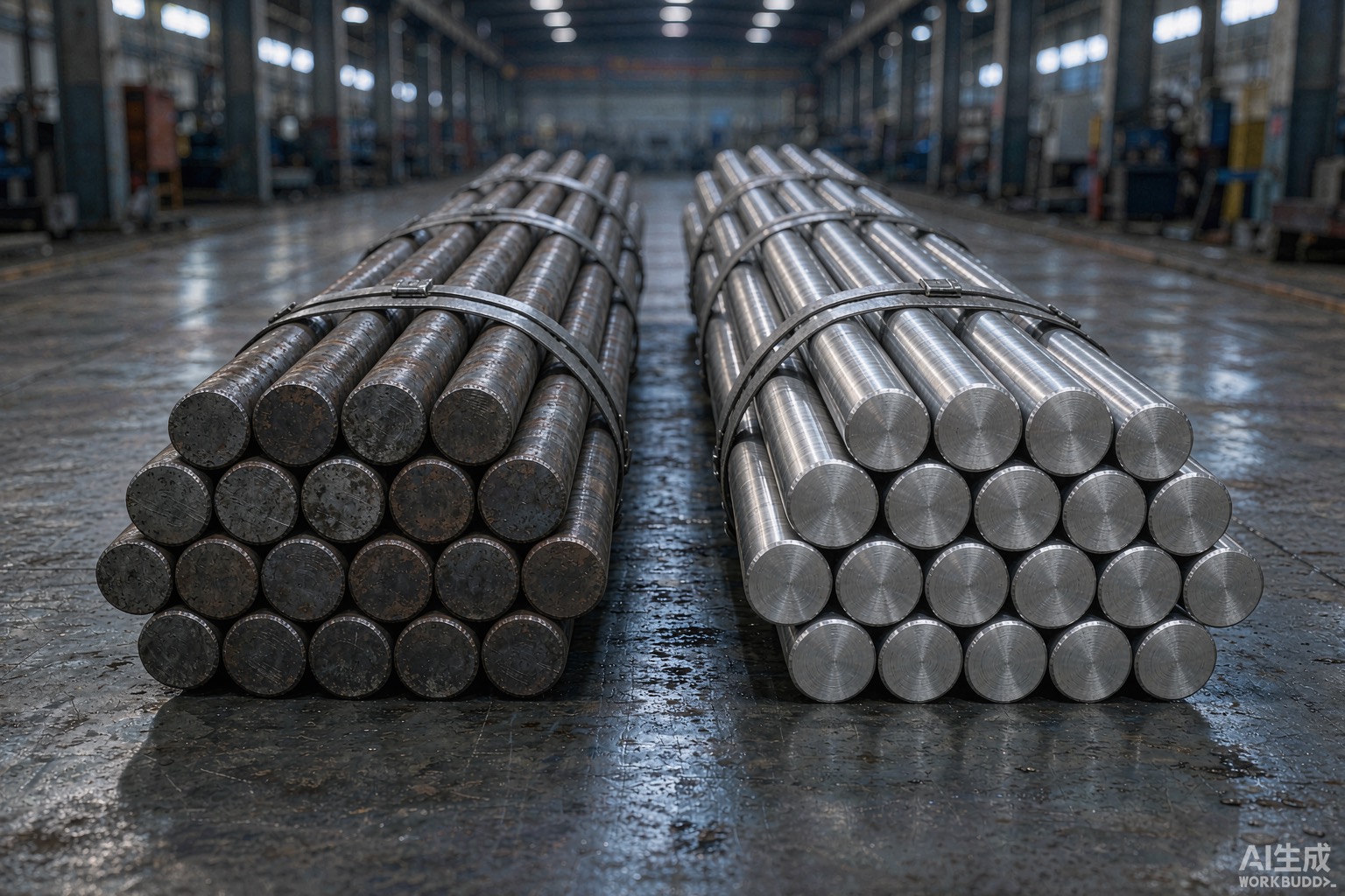 Two bundles of nickel alloy round bars, one dark hot-finished and one bright cold-drawn, side by side on a factory floor - Hangbo Alloy