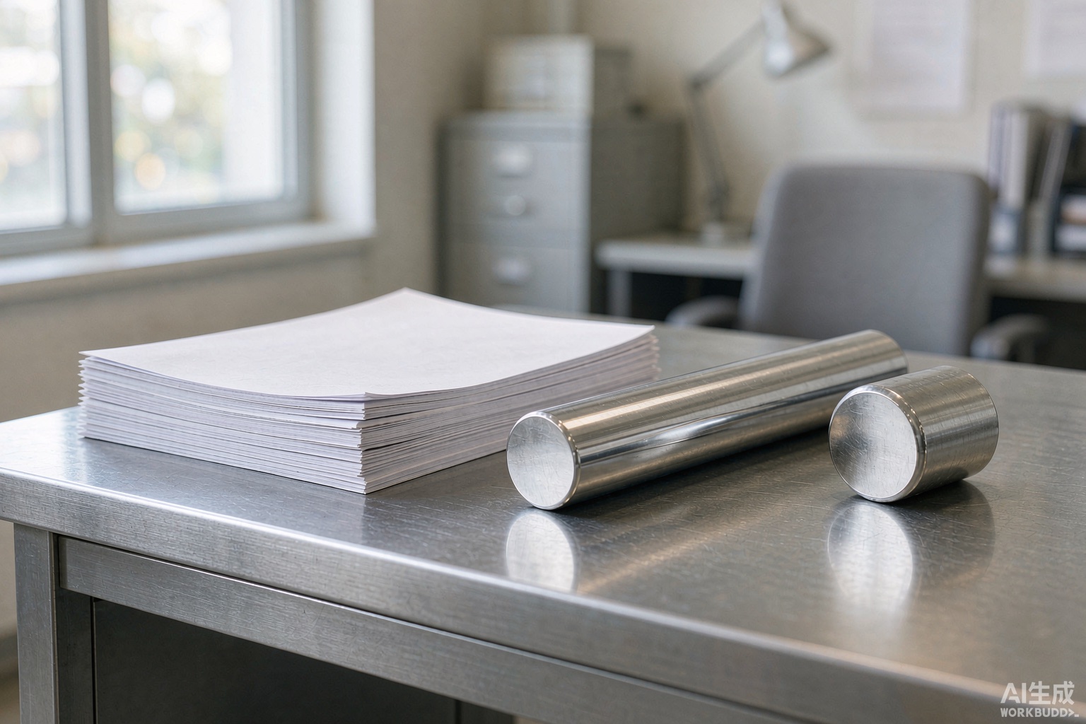 Compliance documents and a polished nickel alloy bar on a steel desk in a plant office - Hangbo Alloy