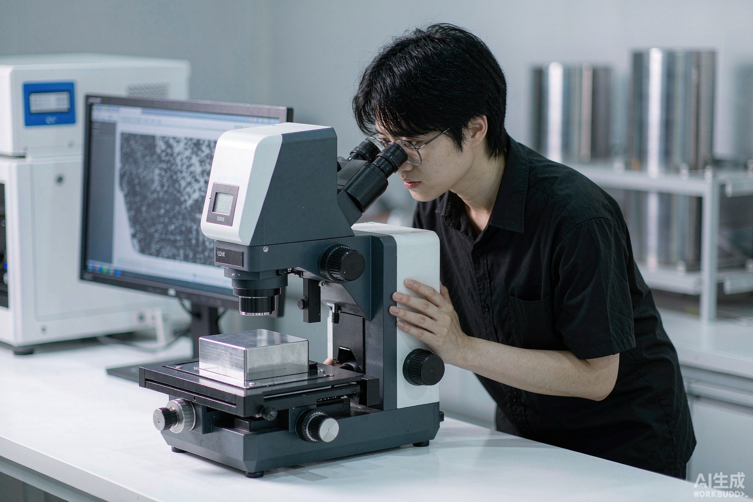 A metallurgist examining a polished bright nickel alloy sample under a laboratory microscope with bar stock in the background - Hangbo Alloy