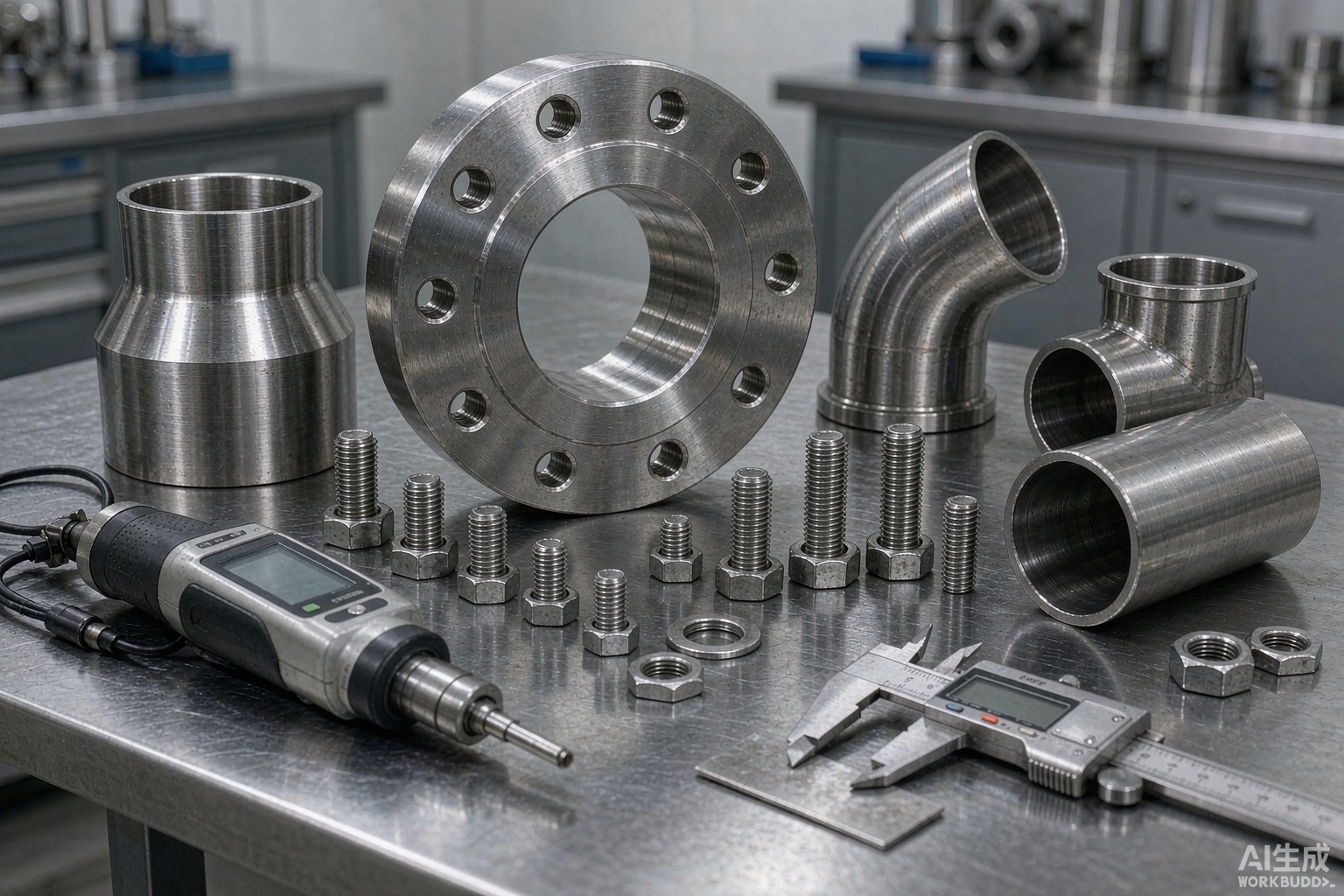 Nickel alloy flanges, fittings and bolts on an inspection table with a PMI gun and gauge in a plant quality lab - Hangbo Alloy