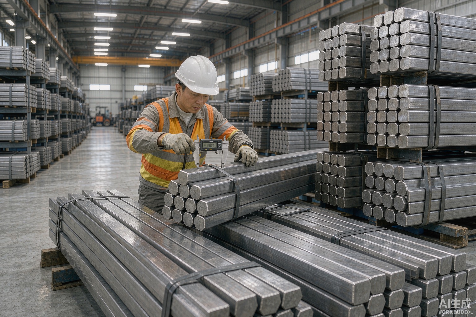 Bundles of nickel alloy hexagon, square and flat bar stock with calipers measuring across-flats in a plant warehouse - Hangbo Alloy