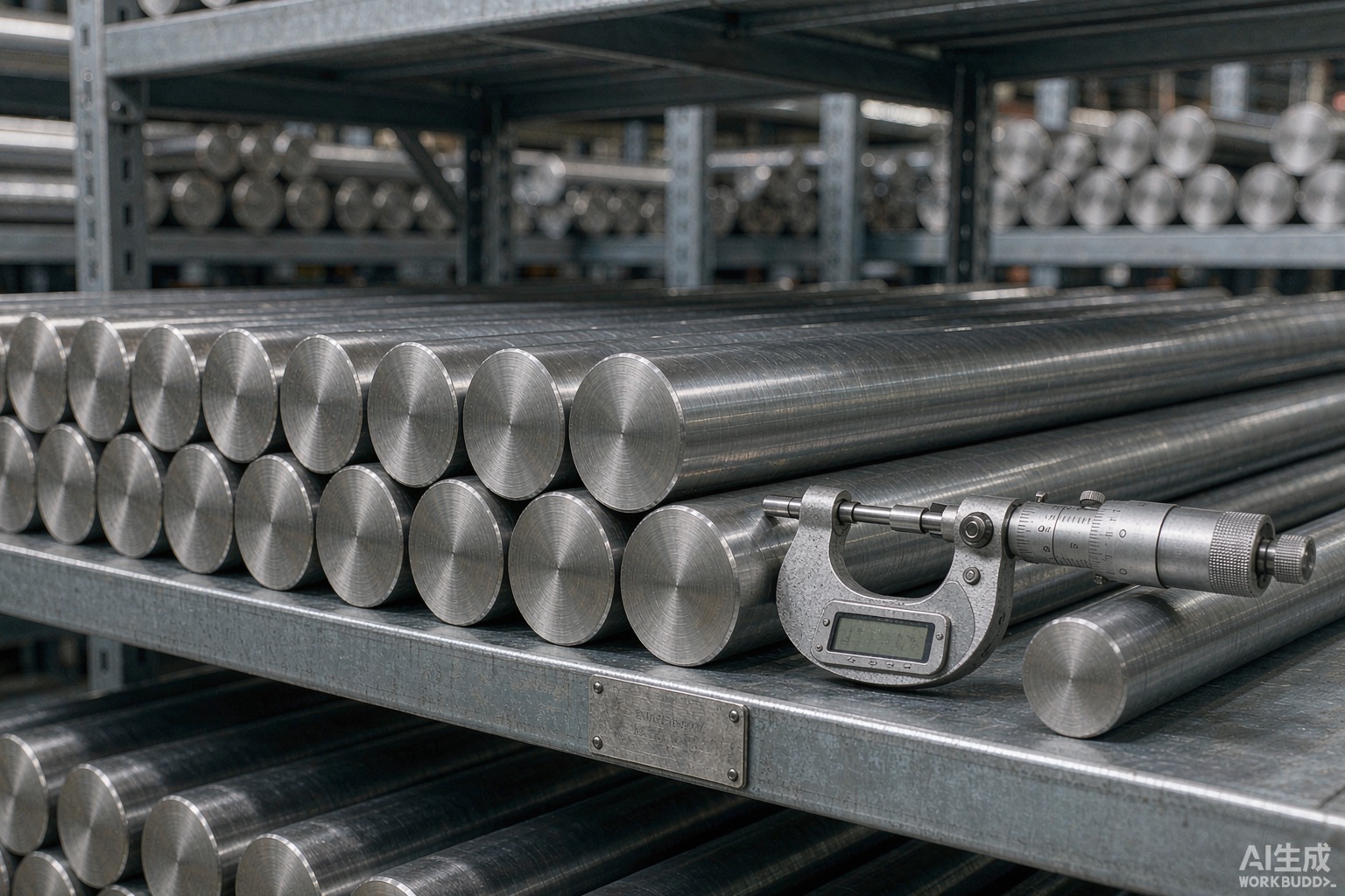 Racks of finished nickel alloy round bar in a warehouse with a micrometer and a marked heat number tag - Hangbo Alloy