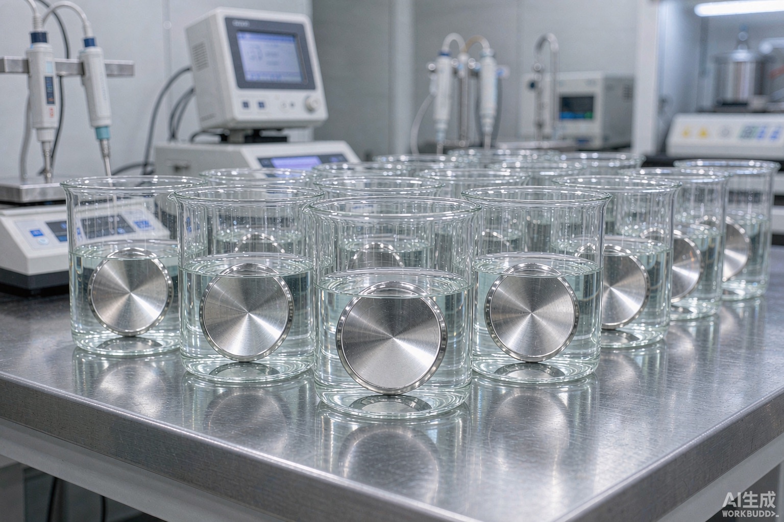 Corrosion test coupons of nickel alloy partially immersed in acid beakers on a laboratory bench with measurement equipment - Hangbo Alloy