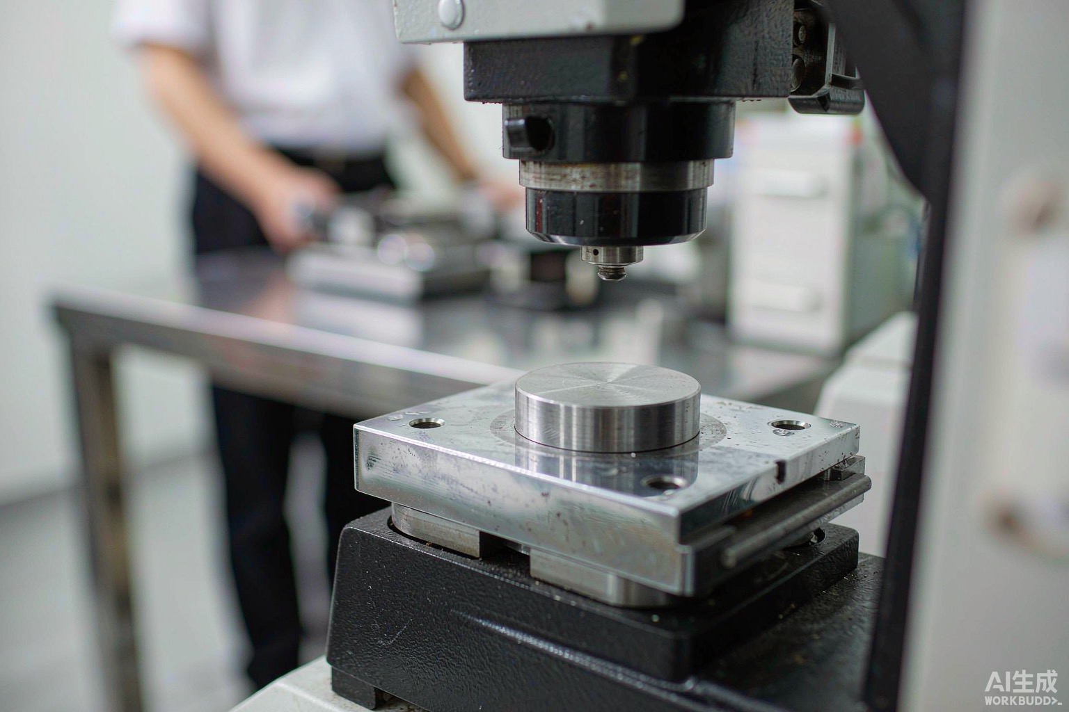 A metallurgist measuring the hardness of a nickel alloy sample on a Rockwell tester in a QC lab - Hangbo Alloy