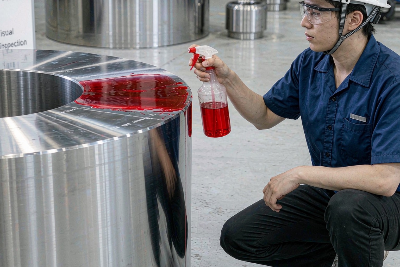 A technician performing liquid penetrant testing on a nickel alloy forging in a QC inspection bay - Hangbo Alloy