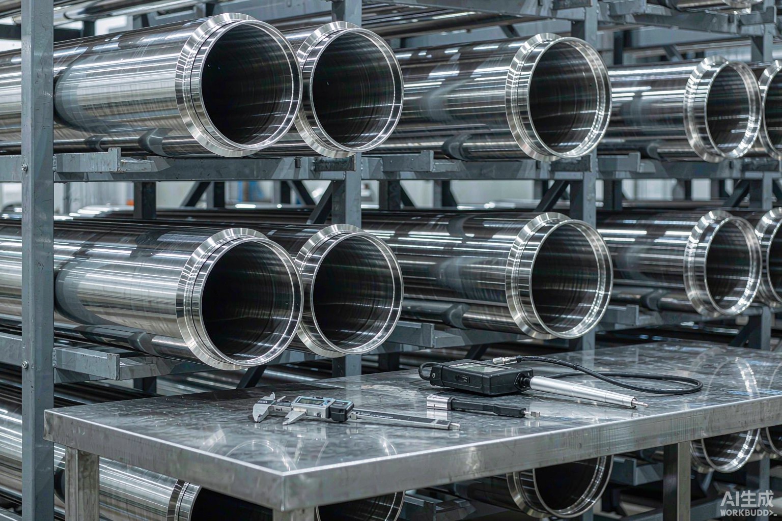 Nickel alloy seamless tubes measured for wall thickness and ovality in a QC inspection bay - Hangbo Alloy